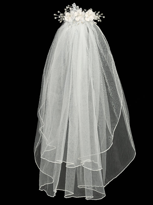 Lito Girls White 24 Inch Rhinestone Pearl Satin Flower Comb Communion Veil - SophiasStyle.com